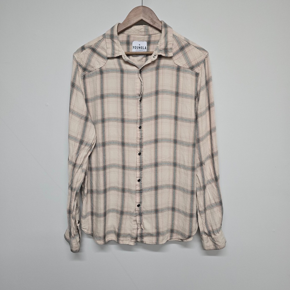 YoungLA Plaid Western Snap Button Shirt Mens Large Tan Viscose Streetwear